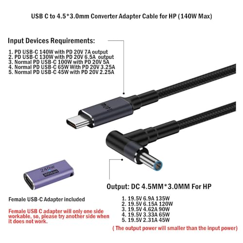 USB C to 4.5mm Smart Blue Tip Laptop Charging Cable Adapter for HP 19.5v 2.31a 45w 3.34a 65w 4.62a 90w 6.9a 135w max Nylon Braided 1.8m
