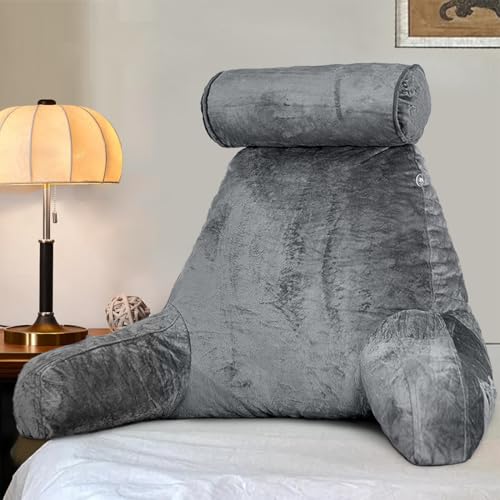 Reading Pillow for Adults Sitting‑Up in Bed, Backrest with Arms | Detachable Neck‑Cushion; Shredded Memory‑Foam; Side Pockets; Washable Velvet Cover; Gaming & TV, Sofa Use - color: Dark Grey