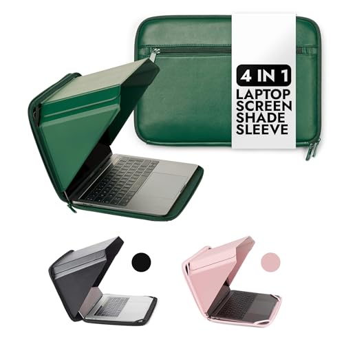 4-in-1 Laptop Screen Shade – Original Pro Sleeve – Built-In 4-in-1 Screen Shade, VeganHemp Leather, Sun, Privacy, Heat & Contrast Protection, Fits 14” MacBook, Patented, Green | PHILBERT Danish Design - color: Green, size: 14in