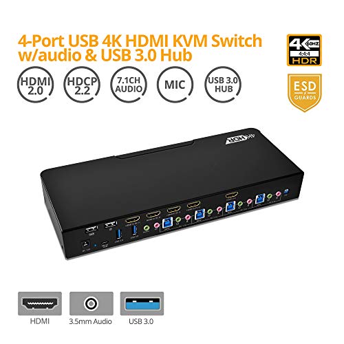 gofanco Prophecy HDMI 2.0a KVM Switch 4 Port – 4K @60Hz 4:4:4, HDR, 18Gbps, 3D, HDCP 2.2/1.4 - USB Keyboard/Mouse Plus USB 3.0 Hub, Audio in and Out, Hotkeys - KVM Switch 4 Computers (PRO-KVMaud4Pv2) - size: 4 Port
