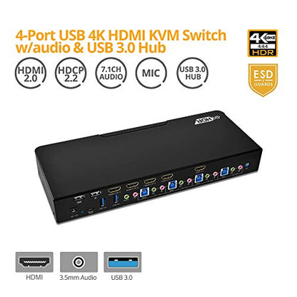 gofanco Prophecy HDMI 2.0a KVM Switch 4 Port – 4K @60Hz 4:4:4, HDR, 18Gbps, 3D, HDCP 2.2/1.4 - USB Keyboard/Mouse Plus USB 3.0 Hub, Audio in and Out, Hotkeys - KVM Switch 4 Computers (PRO-KVMaud4Pv2) - size: 4 Port