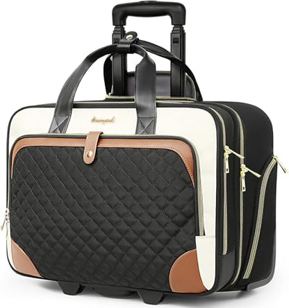 Arcoyard Rolling Laptop Bag, Large Rolling Briefcase for Women with Waterproof Pocket, 17.3 Inch Computer Bag Laptop Case with Wheels, Roller Work Bag for Office Travel Business Teacher, Beige Brown