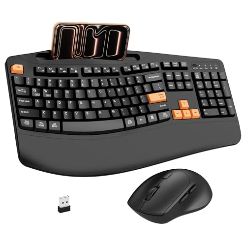Wireless Keyboard and Mouse Combo, 2.4G Full Size Wave Keys Ergonomic Keyboard with Wrist Rest, Phone Holder, 3-Level DPI Wireless Silent Mouse with 6-Buttons, for Windows, Mac OS (Orange Black) - color: Orange Black