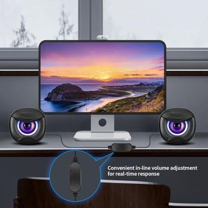 Elimavi USB Computer Speakers, 3.5mm Aux Speaker and USB Powered Interface are Suitable for Desktop Laptop Monitor, Owl Eye Design, Includes a USB-C Adapter, Blue Lights - style: Blue light