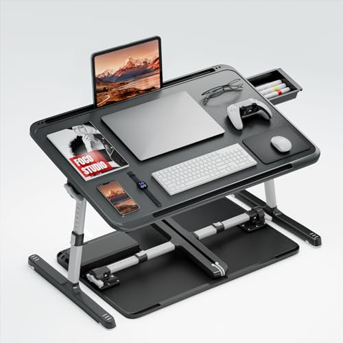 Potuopy Lap Desk Combo, Adjustable Foldable Bed Tray Table with Storage Drawer & Wood Grain Surface, Laptop Stand with Cushion, Wrist Pad, 2 Upgraded Mouse Pads, Tablet & Phone Slots, Supports 17" Lap