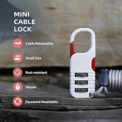 Ski Lock Cable Retractable, Small Cable Travel Locks with Combination, Mini Padlock Combination, for Luggage, Suitcases, Backpack, Snowboard, Ski Gear, Bike, Motorcycle Helmet Anti Theft - color: Black+White