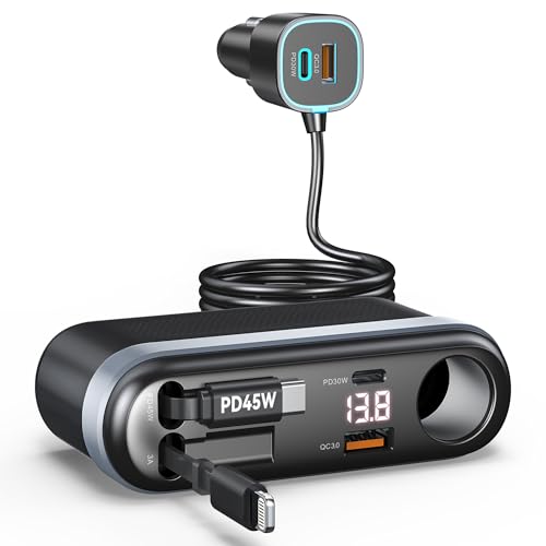 Estbuc 7-in-1 295W Retractable Car Charger Adapter, Fast Charging USB C Car Accessories with Cigarette Lighter Splitter, 45W Type-C & 30W Lightning Cables,4 USB Ports, Road Trip Tech Gifts for Men/Dad