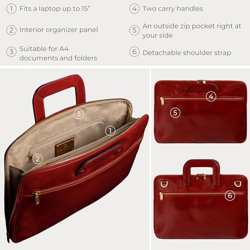 Time Resistance Slim Leather Briefcase - Italian Handmade Leather Computer Bag - Briefcase for Men and Women - Laptop Bag - color: Red