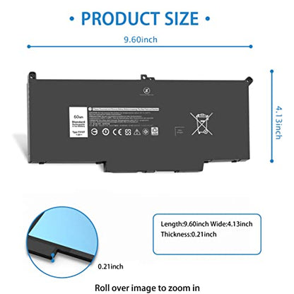 F3YGT 60WH Latitude 7480 7490 Battery 2X39G Replacement for Dell Latitude 12 7000 7280 7290/13 7000 7380 7390 P29S002/14 7000 7480 7490 P73G002 Series DM3WC KG7VF P73G DM6WC [60Wh/7.6V] - size: 9.6*4.13*0.21inch F3YGT