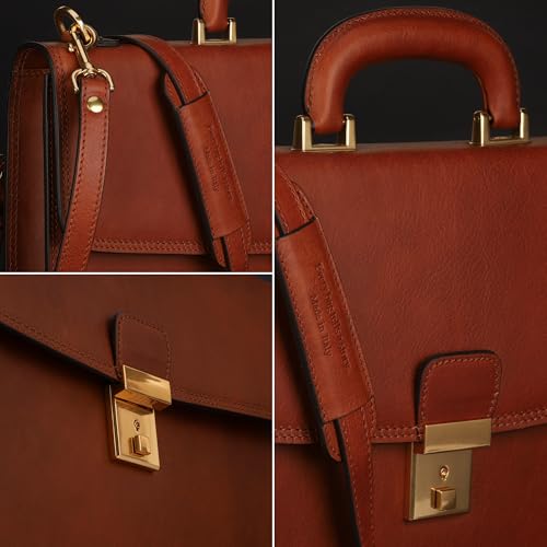 Time Resistance Leather Briefcase - Italian Handmade Leather Laptop Bag - Handbag for Men - Professional Computer Case - color: Cognac Brown
