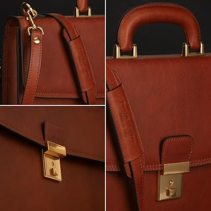 Time Resistance Leather Briefcase - Italian Handmade Leather Laptop Bag - Handbag for Men - Professional Computer Case - color: Cognac Brown