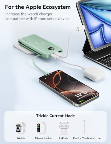 Portable Charger 10000mAh 20W, Wall Plug, 2 Cables, iWatch Charging | Digital Display, Compact Lightweight, USB C Fast Charge, USB-A 18W, Multi Protection, Travel Essential, for iPhone 17 16, Pad - color: Natural Green