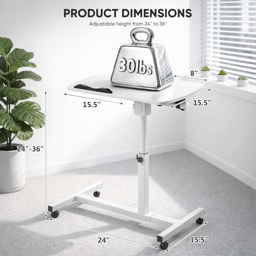 Magshion Tilt Overbed Bedside Table with Wheels, Rolling Laptop Desk with Mouse Table & Height Adjustment from 24" to 36", Sit to Stand Up, Mobile Standing Desk for Hospital Home Office, White Frame - color: White Fram, size: Split Desktop