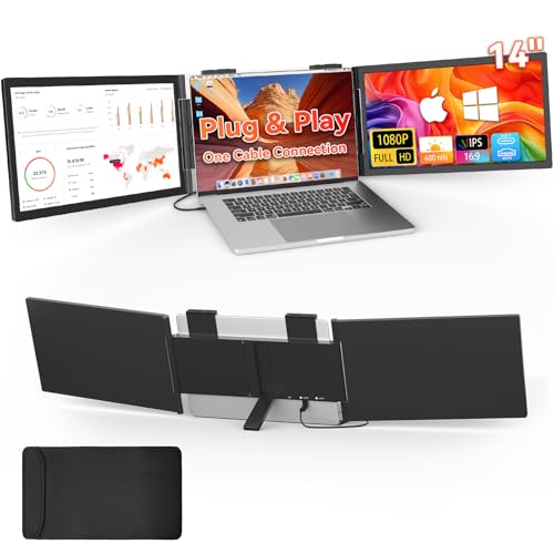 One Cable Connetion 14“ 1080P Laptop Screen Extender (Windows & Mac) | Hybrid USB-C HDMI Wired & Wireless Travel Extended Display, Triple Monitor for 12-16.5" Laptop, Support MacBook M1/M2/M3