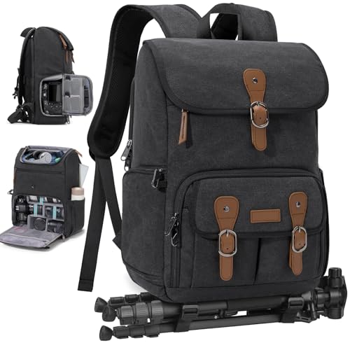 RAINSMORE Camera Bag Backpack for DSLR/SLR Mirrorless 15.6 Inch Laptop Camera Back Pack for Photographers Anti-Theft Photography Bags Case with Tripod Holder & Rain Cover, Black - color: Black