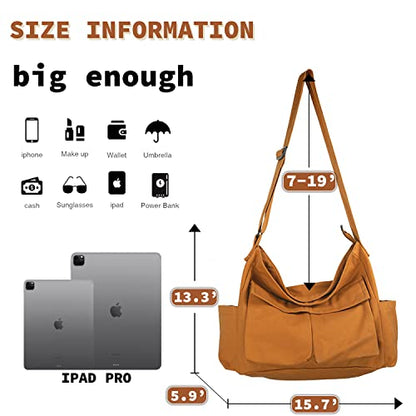 Canvas Messenger Bag Large Hobo Crossbody Bag with Multiple Pockets Casual Shoulder Tote Bag for Women and Men - color: Brown