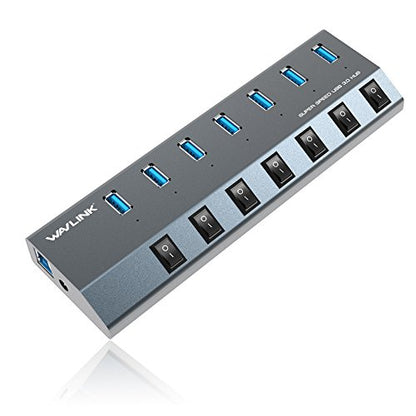 USB Hub 3.0, WAVLINK 7 Port Powered USB 3.0 hub 48W Charging, 5V/2.4A Each Ports with Individual Switches LED Indicator, USB Extension for Laptop, MacBook, iMac, PC, USB Flash Drives