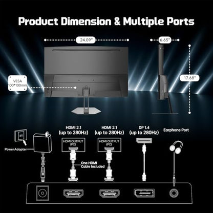 Hikers 27 Inch Curved Gaming Monitor 280Hz 240Hz 1ms 2K WQHD 1440P Computer Gaming Monitor, HDMI 2.1×2 & DP 1.4×1 Fast VA 5000:1 Contrast, 134% sRGB 1500R VESA (G27H1Q Pro Includes One HDMI 2.1 Cable) - size: 27