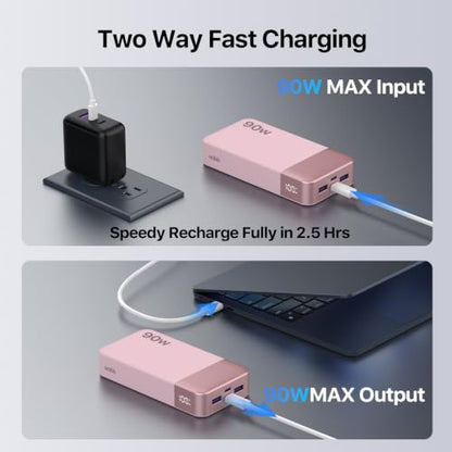 NOBIS Portable Charger 20000mAh 90W Laptop Power Bank | 2C+2A USB-C Fast Charging Battery Pack with LED Display for Laptops, Tablets, Steam Deck & Phones - color: Pink