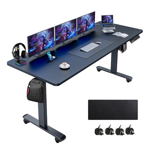 farexon Electric Standing Desk Adjustable Height, 63x24 Inches Computer Desk with Rolling Wheels, Mouse Pad,Multifunctional Stand up Desk for Home/Office(Black) - color: Black, size: 63 x 24''