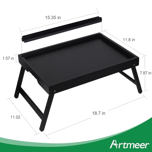 Artmeer Bamboo Bed Tray, Folding Legs, Phone/Tablet Slot, Medium, Black | FSC-certified bamboo bed tray with phone/tablet slot, folding legs, handles and raised edges for meals, laptops and reading. - color: Black, size: Medium