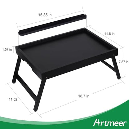 Artmeer Bamboo Bed Tray, Folding Legs, Phone/Tablet Slot, Medium, Black | FSC-certified bamboo bed tray with phone/tablet slot, folding legs, handles and raised edges for meals, laptops and reading. - color: Black, size: Medium