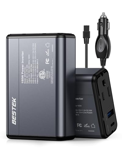 BESTEK 150W Power Inverter 11-17V, 30W USB-C, 18W USB-A Car Charger Adapter | 12V DC to 110V AC Converter, Vehicle Cigarette Lighter Plug Outlet for Tesla RV Phone Laptop, ETL Certified, Aluminum Housing - color: Grey