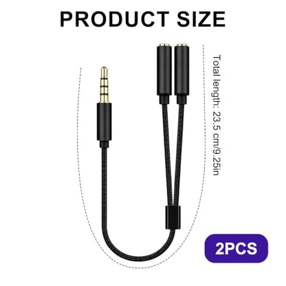 3.5mm Headphone Splitter, 2Pcs Headphone Splitter Audio & Mic Support, Aux Splitter 1 in 2 Out Stereo Y Cable Compatible with Phone, Tablet, Laptop, PC, Switch, MP3