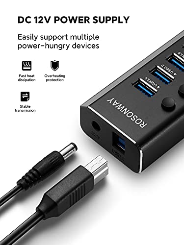 Powered USB Hub Rosonway 16 Ports 96W USB 3.0 Data Hub Aluminum USB Hub 3.0 Splitter with 12V/8A Power Adapter and Individual On/Off Switches RSH-A16 (Black) - size: 16 Ports USB 3.0 hub