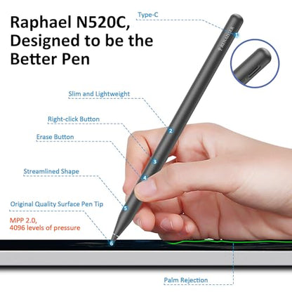 RENAISSER Raphael N520C Surface Pen, Designed in Houston, Made in Taiwan | MPP 2.0 Stylus pen for Surface Pro/Go/Book/Studio, 4096 Pressure, Tilt Sensitivity, Ultra-light, Palm Rejection,Non-magnetic