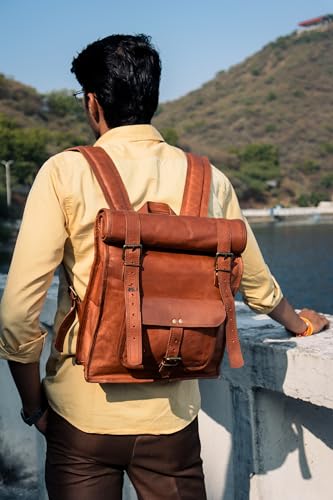 URBAN DEZIRE Men's Leather Vintage Roll On Laptop Backpack Rucksack knapsack college bag - size: 11"(L), 16"(Rolled) -(H)- 21"(Open), 4(W)
