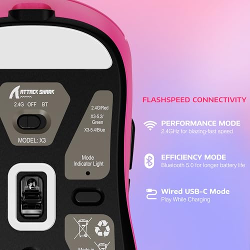MANBASNAKE Attack Shark X3 49g Lightweight Wireless Gaming Mouse, Berry | Triple Mode Ergonomic Computer Mouse, PAW3395 26K DPI Sensor,200h Battery Life, Programmable Buttons for PC/Mac/Win - color: Berry