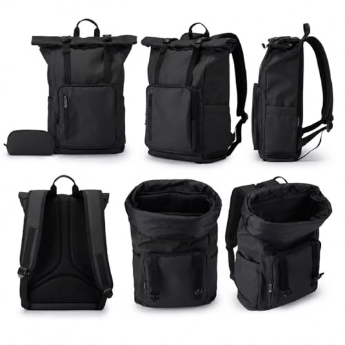 Roll Top Laptop Backpacks for Men & Women, Anti-Theft Travel Backpack Fits 15.6-17.3 Inch Laptop, Water-Resistant Durable Computer Bag for Work, College & Daily Commute (Black) - color: Black
