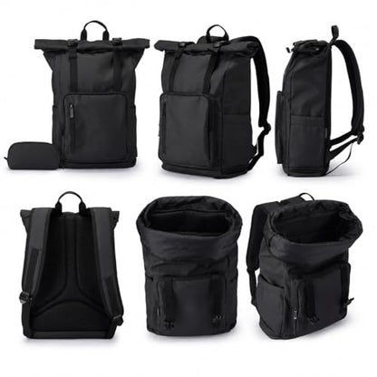 Roll Top Laptop Backpacks for Men & Women, Anti-Theft Travel Backpack Fits 15.6-17.3 Inch Laptop, Water-Resistant Durable Computer Bag for Work, College & Daily Commute (Black) - color: Black