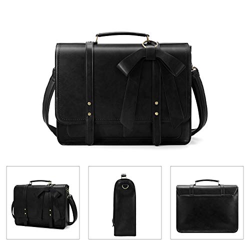 ECOSUSI Laptop Briefcase for Women Leather 15.6 inch | Large capacity shoulder bag, PU leather for college and daily work - color: Black
