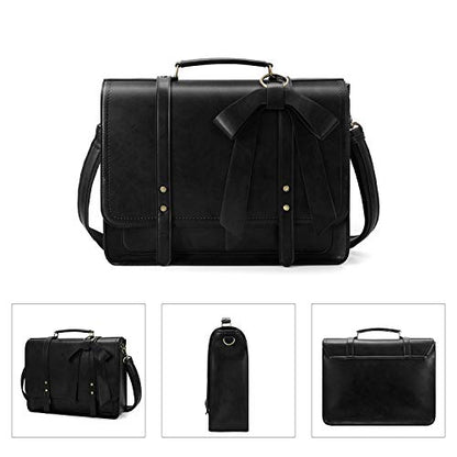 ECOSUSI Laptop Briefcase for Women Leather 15.6 inch | Large capacity shoulder bag, PU leather for college and daily work - color: Black