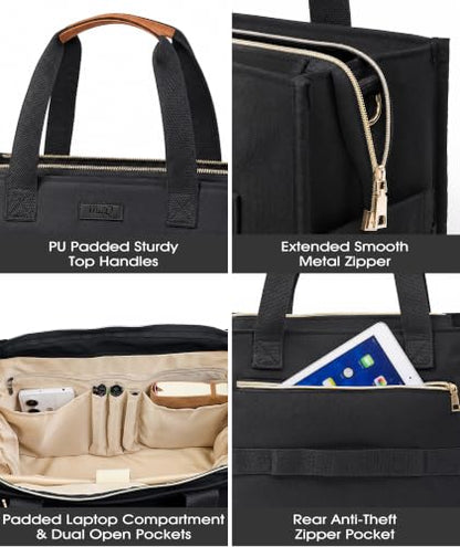 MeZQ Canvas Tote Bag for Women,14-Pockets Work Laptop Tote Large Office Crossbody | Teacher Nurse College with Strap & Zipper - color: Black