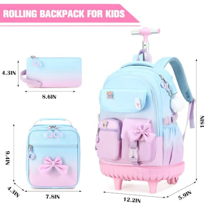 ACESAK Rolling Backpack for Girls - Roller Wheels School bag with Lunch Bag & Pencil Pouch for Teen Girls Kids Wheeled Suitcase Backpacks, Elementary Middle School Travel Daypack(Blue Purple) - color: Blue Purple