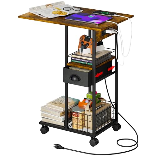 Rolling C-Shaped Side Table with Charging Station, Night Stand with Type-C & USB Port and Outlet for Bedroom, Spacious Coffee Table with Wheels for Living Room, Home Office, Small Space(Large Desktop) - color: Black, size: X-Large (With Charging Station)