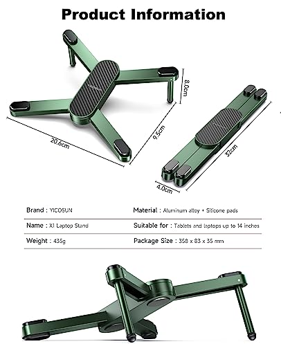 YICOSUN New Concept Laptop Stand - Adjustable Ergonomic Aluminum Riser for MacBook Pro/Air up to 15.6” - Foldable & Portable Computer Stand for Desk, Students, Office, Travel, Gaming - Green - color: Green