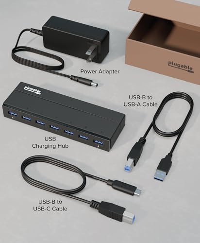 Plugable 7-Port USB 3.0 Hub with 36W Power Adapter - Driverless - Effortlessly Connect Devices and Transfer Data at High Speeds