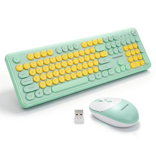 Tongyangat Wireless Keyboard and Mouse Combo, 2.4G Retro Typewriter Style Keyboard Mouse Set, Quiet Click, Aesthetic Round Keycaps, Plug & Play, for PC, Laptop, Desktop, Home Office (T801A-Green) - color: T801A-Green
