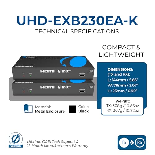 OREI 4K eARC HDMI Extender Balun HDBaseT 3.0 UltraHD 4K @ 60Hz 4:4:4 Over Single CAT6/7 Cable with LAN, CEC, ARC & Bi Directional IR Support, RS-232 Up to 130 Ft Audio Out - PoC - size: 4K w/ eARC