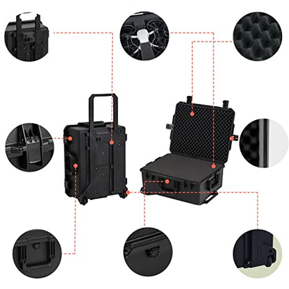 MEIJIA Premium Waterproof Rolling Hard Camera Case,Hard Protective Case with customizable fit foam and wheels,Full Protection with Light&Convenient Design,Elegant Black (24.6"X19.7"X11.7") - size: 24.6"X19.7"X11.7"