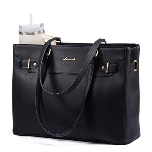 LOVEVOOK Laptop Tote Bag for Women Work, Teacher Tote Bag with Large Cup Holder, Waterproof Leather Computer Bag - color: Black, size: 15.6 inch