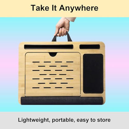Foldable Wooden Laptop Stand for Desk – Adjustable & Portable Lapdesk with Cushion – Ergonomic Wood Laptop Riser with Storage Shelf for Home, Office & Travel – Fits Up to 16-Inch Laptops