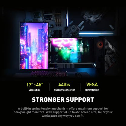 MSI MAG MT201D - Premium Heavy Duty Dual Monitor Stand Arms, 17-45" Support, VESA Compatible, Adjustable Spring Mount, 44 lbs per Screen, Clamp & Grommet, Quick Release Plate - Black - color: Black
