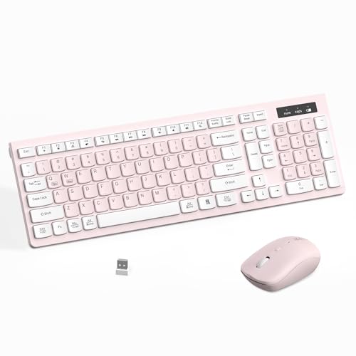 Wireless Keyboard and Mouse Combo, Reccazr 2.4G Full-Sized Keyboard and Mouse Cordless, 3 DPI Adjustable Mouse, Dual-System Keyboard for Computer/Laptop/Windows/Mac (Pink & White) | Silent 2.4G Full Size Cordless Keyboard with Tilt Legs,3-Level DPI Quiet