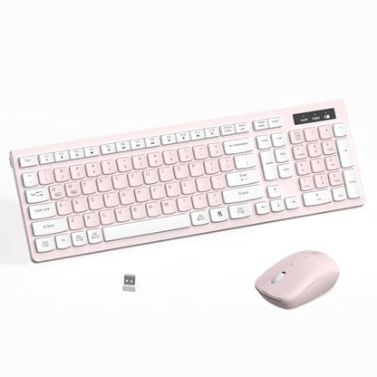 Wireless Keyboard and Mouse Combo, Reccazr 2.4G Full-Sized Keyboard and Mouse Cordless, 3 DPI Adjustable Mouse, Dual-System Keyboard for Computer/Laptop/Windows/Mac (Pink & White) | Silent 2.4G Full Size Cordless Keyboard with Tilt Legs,3-Level DPI Quiet