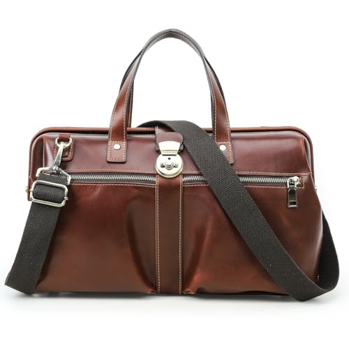CONTACTS Full Grain Leather Doctor Bag for Men Attorney Lawyer Briefcase | Vintage Gladstone Bags, Compatible with MacBook 14", Metal Frame Opening, Brown